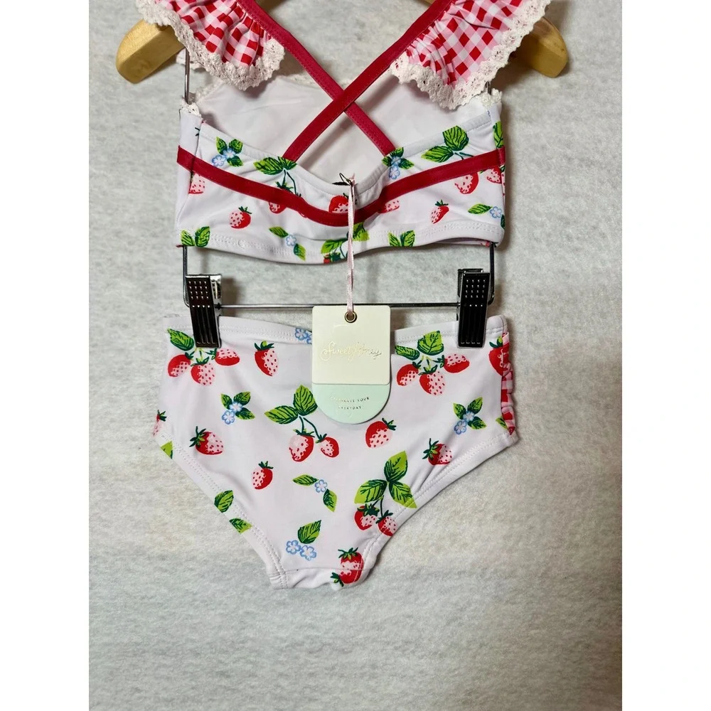 SweetHoney Girls Strawberry Gingham Two Piece Swimsuit Set Red White 3T NWT